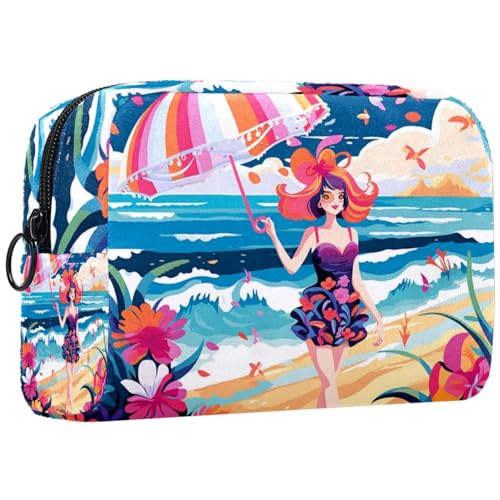 Make up Taschen für Damen,Kulturbeutel für Herren,Strand Sommer mädchen Meer,Reise Kosmetiktasche von VTGHDEEQ