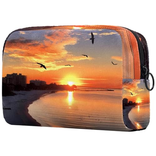 Make up Taschen für Damen,Kulturbeutel für Herren,Strand Sonnenuntergang Landschaft,Reise Kosmetiktasche von VTGHDEEQ