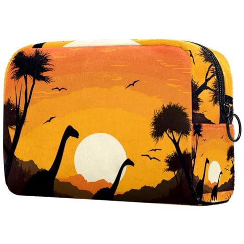 Reise Kulturbeutel,kleine Make up Tasche,Afrikanischer Dinosaurier und Sonnenuntergang,Make up Taschen für Frauen von VTGHDEEQ