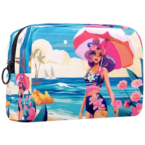 Reise Kulturbeutel,kleine Make up Tasche,Strand Sommer mädchen Meer,Make up Taschen für Frauen von VTGHDEEQ