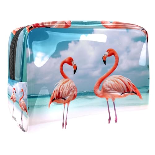 Reise Make up Tasche,Reise Kulturbeutel für Damen,Flamingos Sandstrand Sommer,Kosmetik Reisetasche von VTGHDEEQ