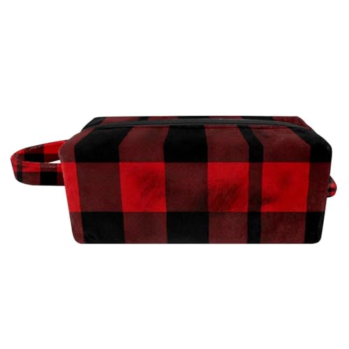 Reise Make up Tasche,Reise Kulturbeutel für Damen,Schwarzes rotes Streifen Plaid,Kosmetik Reisetasche von VTGHDEEQ