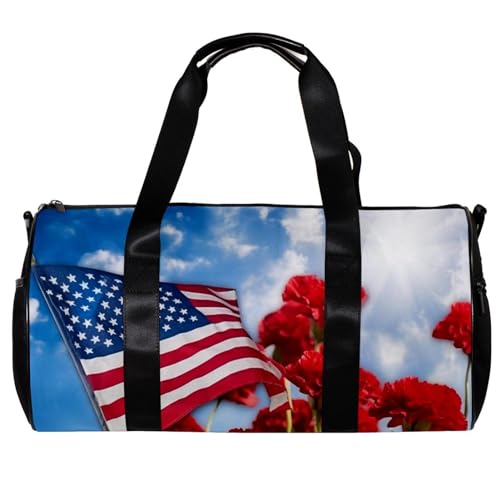 Sporttaschen für Herren,Reisetaschen für Damen,Amerikanische Flagge und Blumen,Trainingstasche von VTGHDEEQ