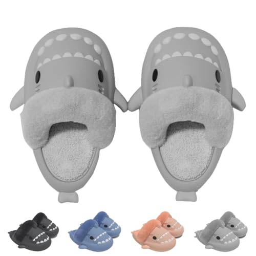 VTTDB Shark Fuzzy Hausschuhe Damen Herren Niedlich Cartoon Plüsch Flauschige Hausschuhe Memory Foam Winter Warme Hausschuhe Indoor, GRAU, 7-8 von VTTDB