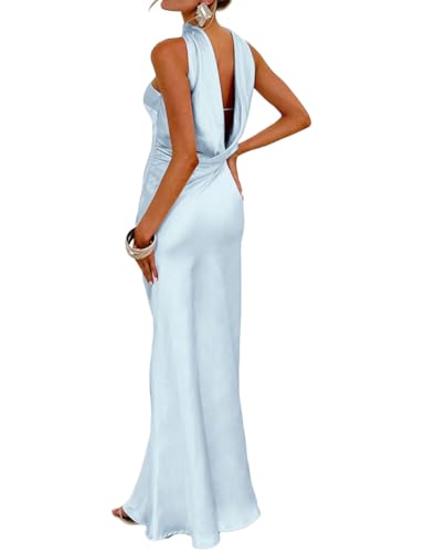 Damen Sommer Satin Trägerlos Tube Top Maxikleid Elegant Seide Rückenfrei Neckholder Formelle Partykleider Hochzeitsgast, Hell, blau, Klein von VUBIYA