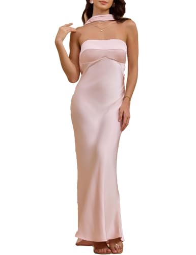 Damen Sommer Satin Trägerlos Tube Top Maxikleid Elegant Seide Rückenfrei Neckholder Formelle Partykleider Hochzeitsgast, Pink, Mittel von VUBIYA