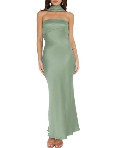 Damen Sommer Satin Trägerlos Tube Top Maxikleid Elegant Seide Rückenfrei Neckholder Formelle Partykleider Hochzeitsgast, Salbei, Klein von VUBIYA