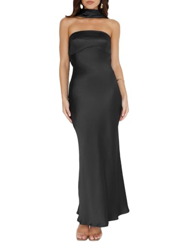 Damen Sommer Satin Trägerlos Tube Top Maxikleid Elegant Seide Rückenfrei Neckholder Formelle Partykleider Hochzeitsgast, Schwarz, Groß von VUBIYA