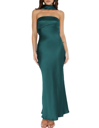 Damen Sommer Satin Trägerlos Tube Top Maxikleid Elegant Seide Rückenfrei Neckholder Formelle Partykleider Hochzeitsgast, dunkelgrün, Mittel von VUBIYA