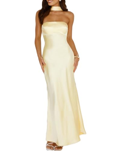 Damen Sommer Satin Trägerlos Tube Top Maxikleid Elegant Seide Rückenfrei Neckholder Formelle Partykleider Hochzeitsgast, gelb, X-Klein von VUBIYA