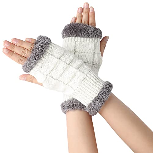 VUCDXOP Damen Fingerlose Handschuhe mit Plüsch Futter, Winter Pulswärmer Handschuhe Unisex Warm Weiche Gestrickte Fingerlose Fäustlinge Elastische Halbfinger Handschuhe Fingerlose Handwärmer von VUCDXOP