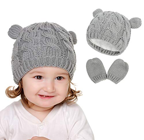 VUCDXOP Neugeborene Baby Beanie Mütze und Kratzfäustlinge Set Weiche Wintermütze Handschuhe Set Gestrickte Warme Mütze Und Fäustlinge Set 0-18M für 0-18 Monate von VUCDXOP