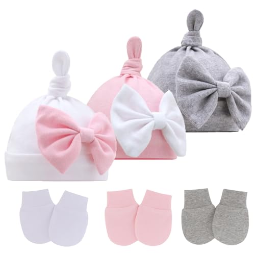 VUCDXOP Neugeborenes Babymütze und Baby Handschuhe Set, Baumwolle Mütze Babymütze und Handschuhe Set Niedlichen Bogen Baumwolle Beanie Hut Unisex Kleinkind Turban Hut für Baby 0-3 Monate, 3er-Pack von VUCDXOP