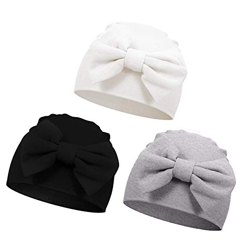 VUCDXOP Neugeborenes Baumwolle Mütze Babymütze Niedlichen Bogen Baumwolle Beanie Hut Unisex Kleinkind Turban Hut für Baby 0-3 Monate, 3er-Pack von VUCDXOP