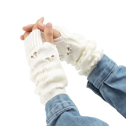 VUCDXOP Winter Gestrickte Handschuhe für Damen, Fingerlose Armstulpen Feinstrick lang Handwärmer Stulpen, Warm Strick Handschuhe Pluswärmer Handstulpen Armwärmer Stulpen für Damen (AX-Weiß) von VUCDXOP