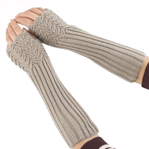 Winter Gestrickte Handschuhe für Damen, Fingerlose Armstulpen Feinstrick lang Handwärmer Stulpen, Warm Strick Handschuhe Pluswärmer Handstulpen Armwärmer Stulpen für Damen (Fischschuppen-Hellgrau) von VUCDXOP