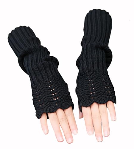 Winter Gestrickte Handschuhe für Damen, Fingerlose Armstulpen Feinstrick lang Handwärmer Stulpen, Warm Strick Handschuhe Pluswärmer Handstulpen Armwärmer Stulpen für Damen (Fischschuppen-Schwarz) von VUCDXOP