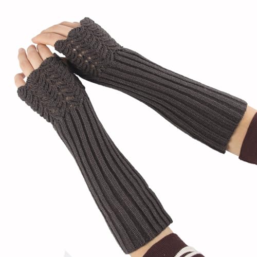 Winter Gestrickte Handschuhe für Damen, Fingerlose Armstulpen Feinstrick lang Handwärmer Stulpen, Warm Strick Handschuhe Pluswärmer Handstulpen Armwärmer Stulpen für Damen (Fischschuppen-Dunkelgrau) von VUCDXOP