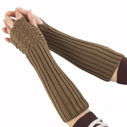 Winter Gestrickte Handschuhe für Damen, Fingerlose Armstulpen Feinstrick lang Handwärmer Stulpen, Warm Strick Handschuhe Pluswärmer Handstulpen Armwärmer Stulpen für Damen (Fischschuppen-Khaki) von VUCDXOP