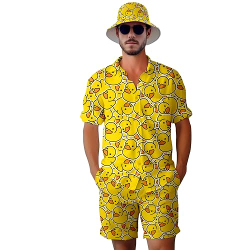 VUGOTU Herren 2-teiliges Trainingsanzug 80er 90er Jahre Outfit Knopfleiste 80er Jahre Hemden und Shorts Sets mit Eimerhüten, Süße gelbe Ente, Large von VUGOTU