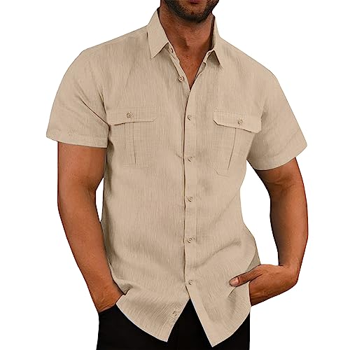 VUIOYRG Stretch-Kurzarmhemd mit Taschen, Sommer-Freizeithemden aus Baumwolle mit Knopfleiste für Herren, Schlichtes, lässiges Business-Hemd mit normaler Passform (Aprikose,2XL) von VUIOYRG