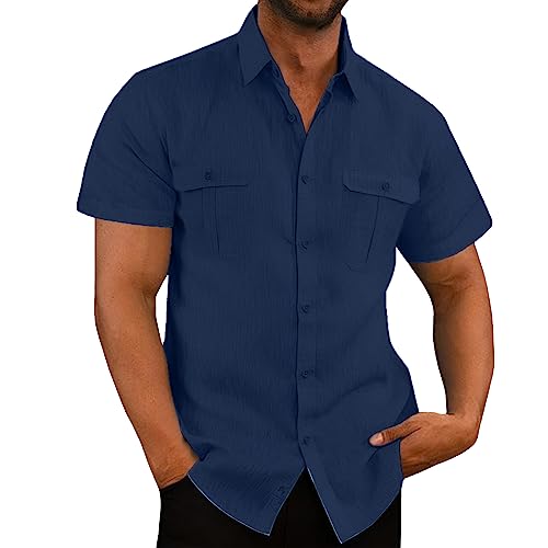 VUIOYRG Stretch-Kurzarmhemd mit Taschen, Sommer-Freizeithemden aus Baumwolle mit Knopfleiste für Herren, Schlichtes, lässiges Business-Hemd mit normaler Passform (Dunkelblau,XL) von VUIOYRG
