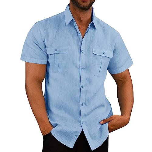 VUIOYRG Stretch-Kurzarmhemd mit Taschen, Sommer-Freizeithemden aus Baumwolle mit Knopfleiste für Herren, Schlichtes, lässiges Business-Hemd mit normaler Passform (Hellblau,5XL) von VUIOYRG