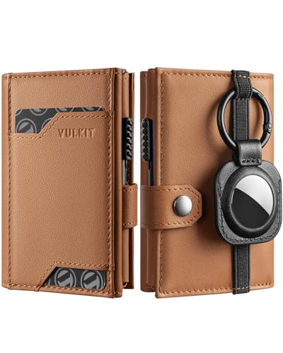 VULKIT Airtag Geldbörse Herren Echtes Leder Kartenetui Herren mit Ausweisfenster Kreditkartenetui RFID Schutz mit Airtag Schlüsselanhänger, Braun von VULKIT