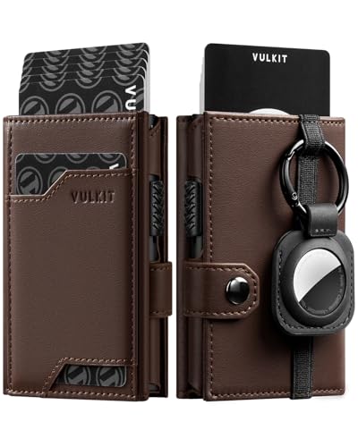 VULKIT Airtag Geldbörse Herren Echtes Leder Kartenetui Herren mit Ausweisfenster Kreditkartenetui RFID Schutz mit Airtag Schlüsselanhänger, Espresso von VULKIT
