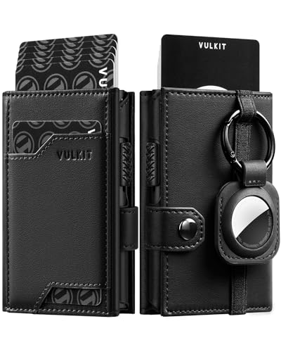 VULKIT Airtag Geldbörse Herren Echtes Leder Kartenetui Herren mit Ausweisfenster Kreditkartenetui RFID Schutz mit Airtag Schlüsselanhänger, Schwarz von VULKIT