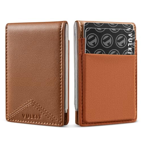 VULKIT Geldklammern GeldböRse Kleines Portemonnaie Herren - RFID Kreditkartenhalter Mini Fronttaschen-Brieftasche Mit MüNzfach, aus Leder Mit Magnetischem Geldclip, füR Bargeld & Karten (Hellbraun) von VULKIT
