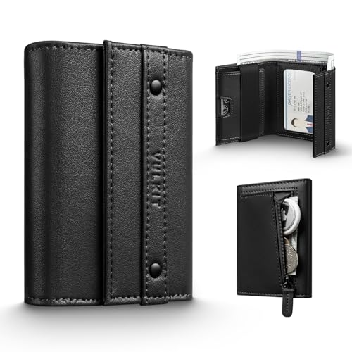 VULKIT Herren-Geldbörse, RFID-blockierend, Leder, kompakt, dreifach faltbar, mit Münzfach mit Reißverschluss, Ausweisfenster und Visitenkartenhalter, Schwarz von VULKIT