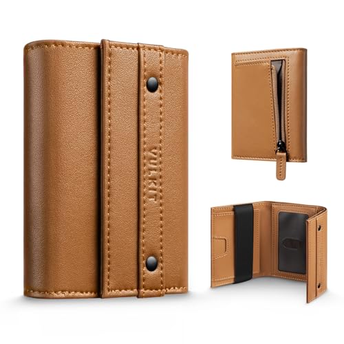 VULKIT Herren Geldbörse RFID Schutz Leder Kompakte Trifold mit Münzfach mit Reißverschluss, Ausweisfenster und Kartenhalter für Visitenkarten, Amber Braun von VULKIT