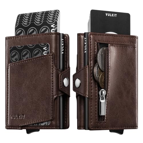 VULKIT Herren Geldbörse mit Reißverschluss-Münzfach, Kartenhalter für 10–12 Karten, RFID-blockierendes kleines Portemonnaie mit Ausweisfenster, Geldscheinfach, smartes Aluminium-Kartenetui von VULKIT