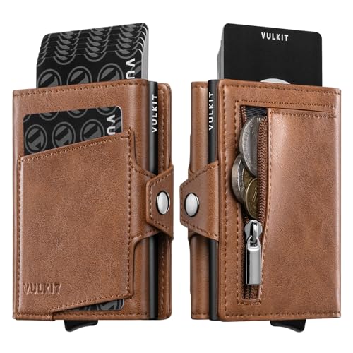 VULKIT Herren Geldbörse mit Reißverschluss-Münzfach, Kartenhalter für 10–12 Karten, RFID-blockierendes kleines Portemonnaie mit Ausweisfenster, Geldscheinfach, smartes Aluminium-Kartenetui von VULKIT