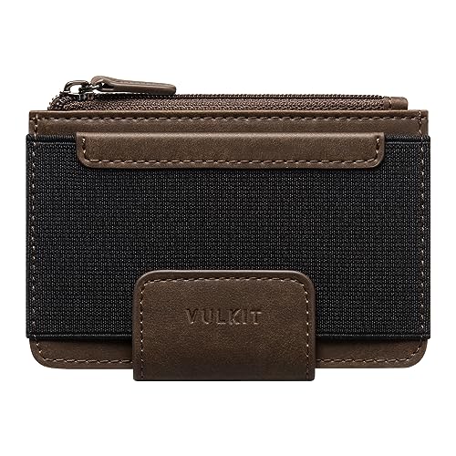 VULKIT Herren-Kreditkartenetui Schmales Passcass-Portemonnaie Jägerleder RFID-blockierend minimalistisches Kartenportemonnaie mit Ausweisfenster Münzfach mit Reißverschluss und Magnetverschluss von VULKIT