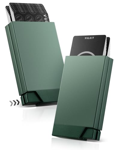 VULKIT Herren Kreditkartenetui mit Doppelseitiger Pop-Up-Funktion - Schlankes RFID-Blockierendes Metall Etui mit Aluminiumrahmen, Automatischer Auswurf für 12-16 Karten (Grün, Doppelstufe) von VULKIT