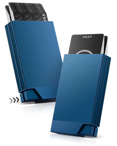 VULKIT Herren Kreditkartenetui mit Doppelseitiger Pop-Up-Funktion - Schlankes RFID-Blockierendes Metall Etui mit Aluminiumrahmen, Automatischer Auswurf für 12-16 Karten (Marine, Doppelstufe) von VULKIT