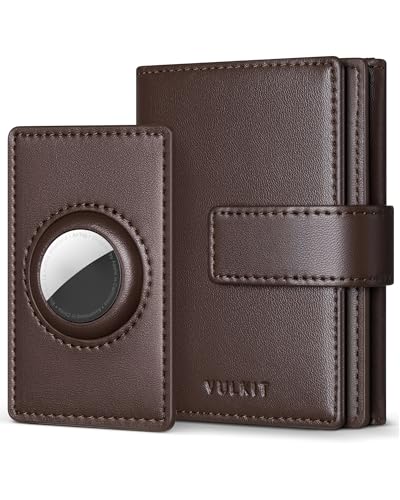 VULKIT Leder Geldbörse Herren mit Airtag Kartenetui, Portemonnaie Mini für Max. 10-14 Karten RFID Schutz, Braun von VULKIT