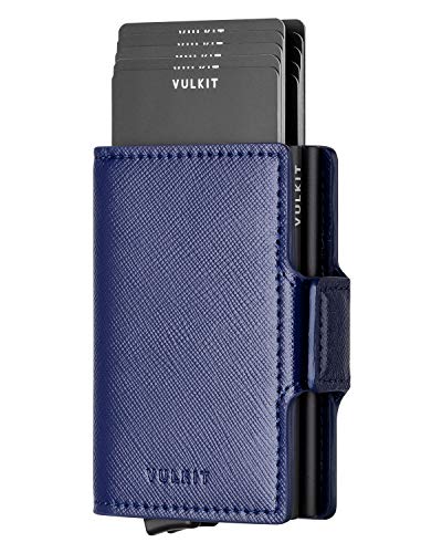 VULKIT Kartenetui Doppelt Kreditkartenetui RFID Schutz Geldbörse Herren Geldbeutel Leder Gentlemens Card Holder für Karten & Geldschein, Schwarz, Cross Navy von VULKIT