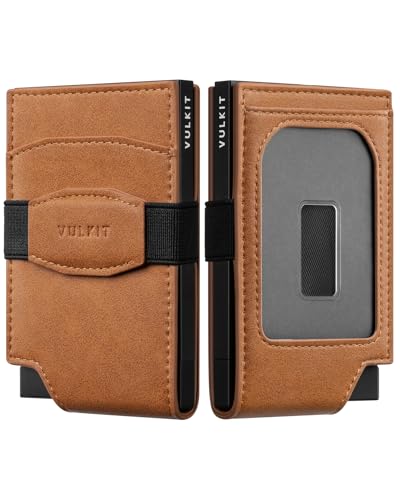 VULKIT Kartenetui Herren mit Ausweisfenster Kreditkartenetui Leder Karten Geldbeutel Herren Kartenhülle RFID Blocker Klein Geldbörse, Braun von VULKIT