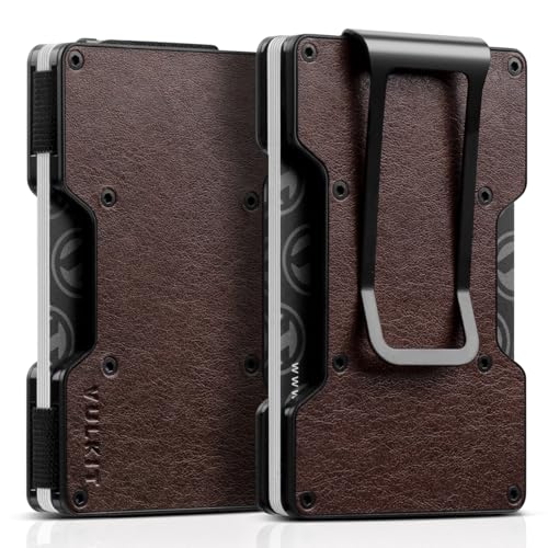 VULKIT Kartenetui Herren mit Geldklammer Metall Slim Wallet Kreditkartenetui RFID Schutz Geldbörse Herren Klein für 12–15 Karten, Retro Leder Epresso von VULKIT