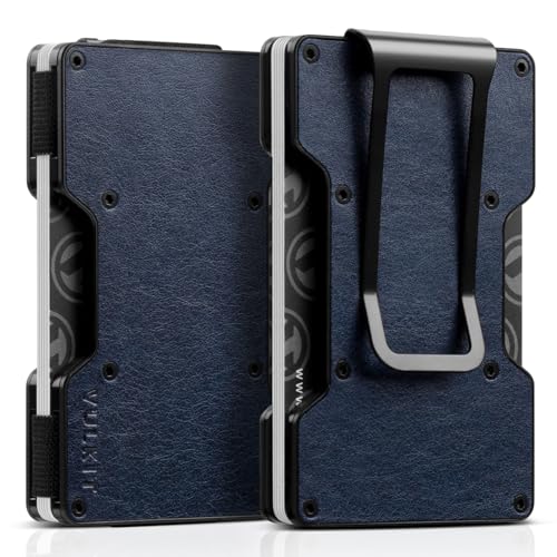 VULKIT Kartenetui Herren mit Geldklammer Metall Slim Wallet Kreditkartenetui RFID Schutz Geldbörse Herren Klein für 12–15 Karten, Retro Leder Marineblau von VULKIT