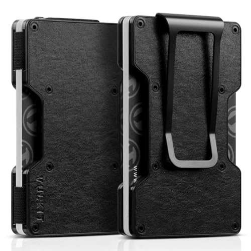 VULKIT Kartenetui Herren mit Geldklammer Metall Slim Wallet Kreditkartenetui RFID Schutz Geldbörse Herren Klein für 12–15 Karten, Retro Leder Schwarz von VULKIT
