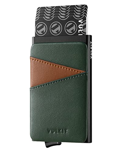 VULKIT Kartenetui Herren RFID Schutz mit Leder Fach Slim Pop Up Kreditkartenetui Metall Mini Geldbörse Herren für 5-9 Karten, Grün von VULKIT