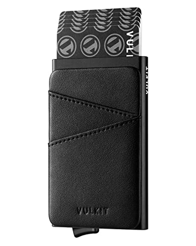 VULKIT Kartenetui Herren RFID Schutz mit Leder Fach Slim Pop Up Kreditkartenetui Metall Mini Geldbörse Herren für 5-9 Karten, Schwarz von VULKIT