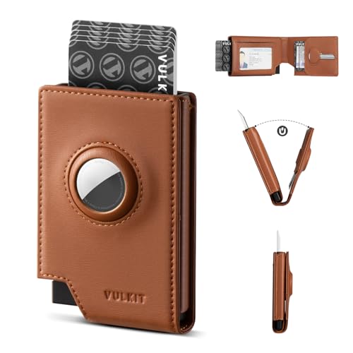 VULKIT Pop-Up Kartenhalter Brieftasche für Männer mit AirTag Halter, RFID Blocking Smart Wallet, Herren Kartenhalter Metall Geldbörse mit Ausweisfenster, Schlüsselfach, Geldscheinfach, Kartenetui aus von VULKIT