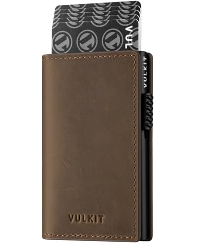 VULKIT Kartenhalter Pop-Up-Geldbörse RFID-blockierend Schmale Kartenbörse aus Crazy Horse-Leder für 11 Karten und Geldscheine von VULKIT