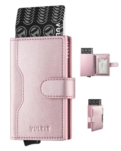 VULKIT Kreditkartenetui Damen RFID Blocker Klein Kartenetui Metall mit 3 Kartenfächern und 1 Ausweisfenster Leder Mini Geldbörse Damen mit Magnetverschluss, Bling Rose von VULKIT