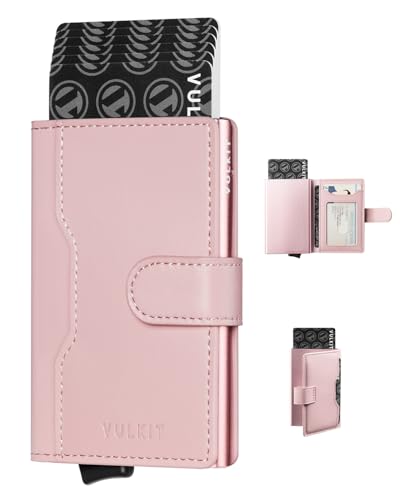 VULKIT Kreditkartenetui Damen RFID Blocker Klein Kartenetui Metall mit 3 Kartenfächern und 1 Ausweisfenster Leder Mini Geldbörse Damen mit Magnetverschluss, Rose von VULKIT